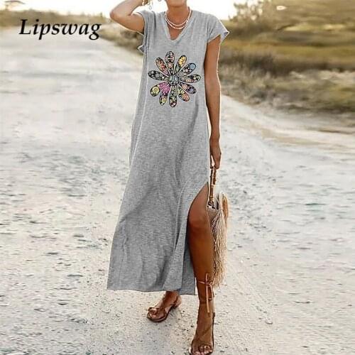 Casual Short Sleeve V-Neck Beach Dresses Women Summer Elegant Loose Maxi Dress 2021 Elegant Ladies Floral Print Split Long Dress