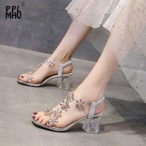 Transparent Women Sandals Korean Flower Diamond Thick Heel One Line With Elastic Foot High Heel Sandals Non-Slip Pumps Shoes