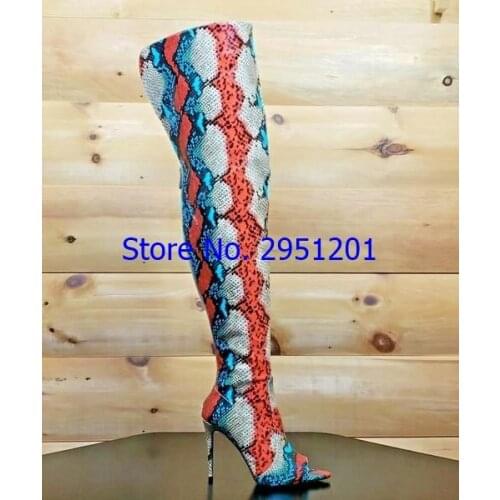 Women Over The Knee Boots Sexy Thin High Snake Print Slim Boots High Heel Deep Toe Shoes Pointed Toe Woman Long Boots