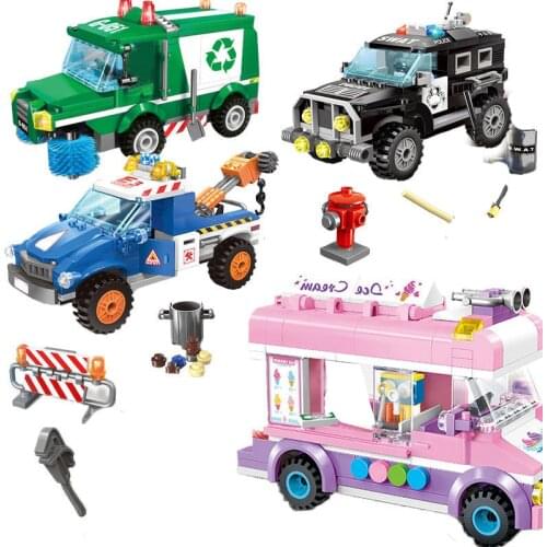 Enlighten City Series Vehicle Police Garbage Truck Bus Set Car Forklift Tractor Building Blocks Kid Child Toys