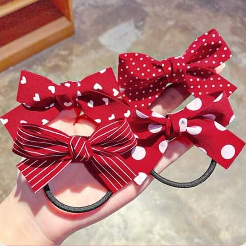 Korean Bow-Knot Elastic Hair Bands Accessories Fashion Hair Band Red Knot Dot Bow Ponytail Hair Tie Scrunchies Women Girls Sweet