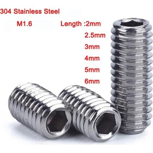 10Pcs 304 Stainless Steel Metric Thread Hexagon Socket Set Screws Screws Cup Point Grub Screws Headless M1.6 Length 2-6mm