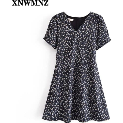 XNWMNZ 2021Women Black Vintage Daisy Print Summer Dress woman Short Sleeve V Neck Robe Femme A-line Mini Casual Sundress Clothes