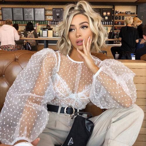 Summer Tshirt Women Mesh Sheer See-through Polka Dot T Shirt Tops Long Sleeve Puff Sleeve O Neck T-shirts Perspective Tops