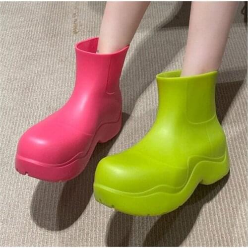 New Thick-soled Inner Heightening Rain Shoe Women Round Toe Rubber Waterproof Ankle Boots Candy Color Sweet Color