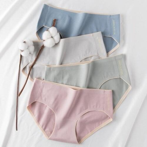 Wasteheart Women Fashion Pink Gray Cotton Mid Waist Panties Underwear Lingerie One-Piece Seamless Brief Underpants M L XL