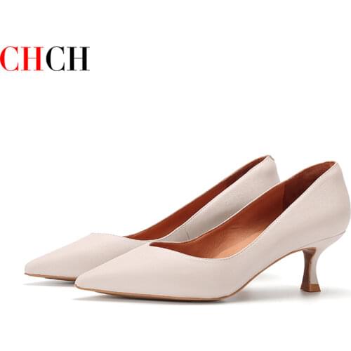 CHCH Luxury Women Pumps Elegant Pointed Toe Genuine Leather OL High Heels Wedding Shoes Deerskin Black White Casual Shoes