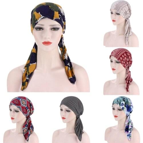 Womens Muslim Hijab Cancer Chemo Flower Print Hat Turban Cap Cover Hair Loss Head Scarf Wrap Pre-Tied Headwear Strech Bandana