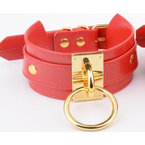 Handmade Red Oversized Choker BDSM Collar Layered Bondage Gold O-Round Metal Wide Collar Necklace for Women Men Girls