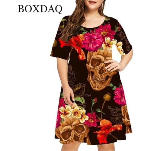 Halloween 2021 Summer Mini Dress Skull Flower Print Party Dresses Plus Size Women Clothing Short Sleeve Femme Vestido Robe Dress
