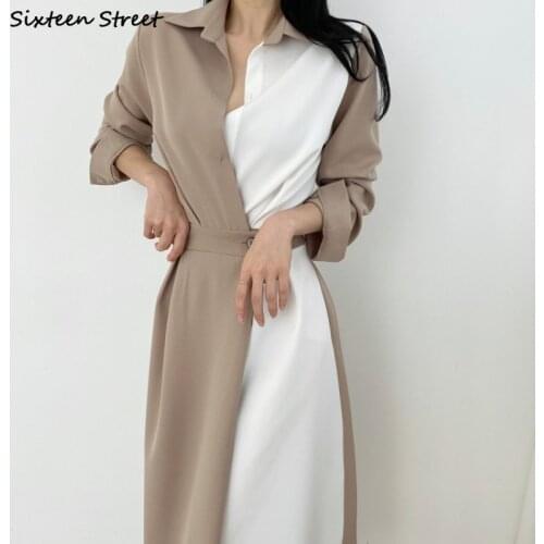 Chic Patchwork Khaki Dress Woman Turn-down Collar Fall 2021 Korean Elegant Bodycon Dress Female Runway Business Maxi Dresses