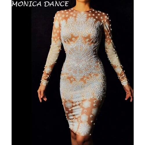 Women White Printed Pearls Spandex Dress Womens Birthday Celebrate Dress DJ Singer Dance Evening Wear Nightclub Dance Dress