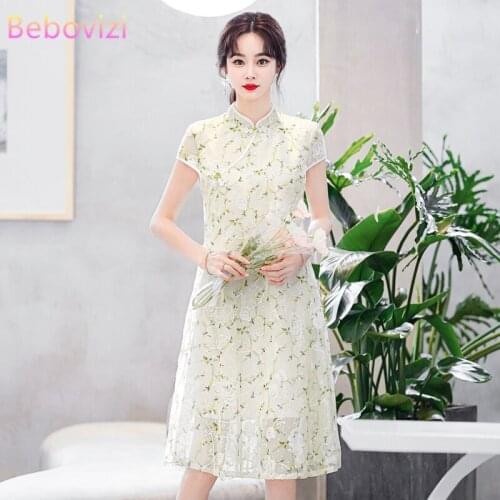M-4XL Chiffon Embroidery Vintage Short Sleeve Summer Cheongsam Dresses Chinese Traditional Qipao Casual Party Women Midi Dress