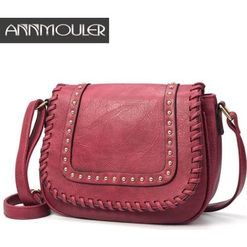 Annmouler New Design Women Crossbody Bag Wine Shoulder Bag PU Leather Messenger Bag Rivet Clutch Purse Solid Color Small Bag