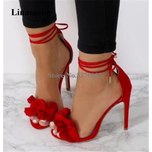 Women Sweet Fashion Open Toe Suede Leather Ruffle Stiletto Heel Sandals Ankle Strap Lace-up Red High Heel Sandals Dress Heels