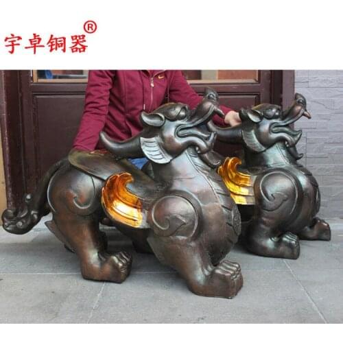 38'' China Door Dog Copper Brave Troops One Pair Pixiu Dragon Bronze Statue
