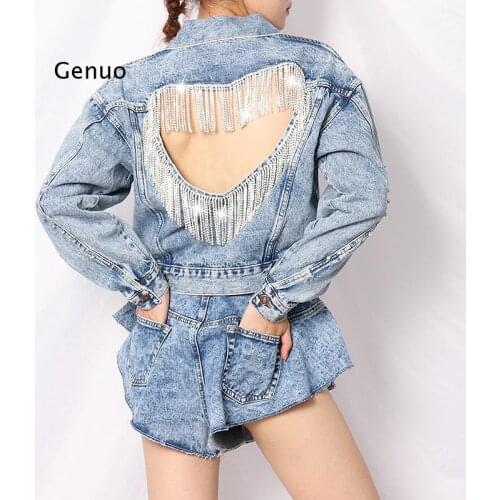 Denim Jacket Female Light Blue Diamond Tassel Coat Single-Breasted Open Back Women Jeans Coat 2021 Autumn Fashion New Clothing