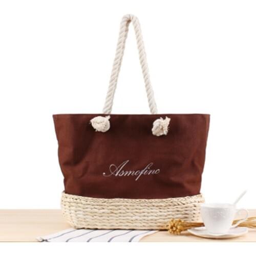 New canvas embroidery letter shoulder straw bag college wind summer vacation travel beach casual weaving handbag
