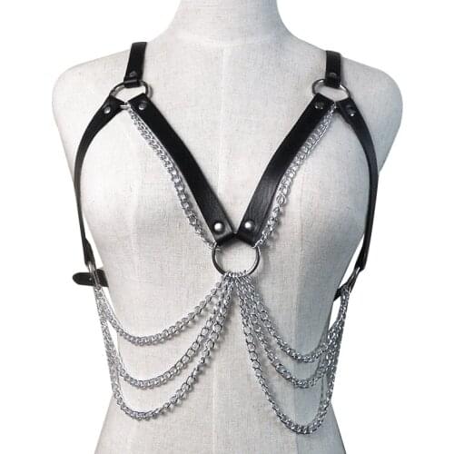 PU Leather Sexy Harness Garter Belts With Metal Tassels Woman Body Bondage Caged Bralette Strap Chest Sculpting Belts Silver