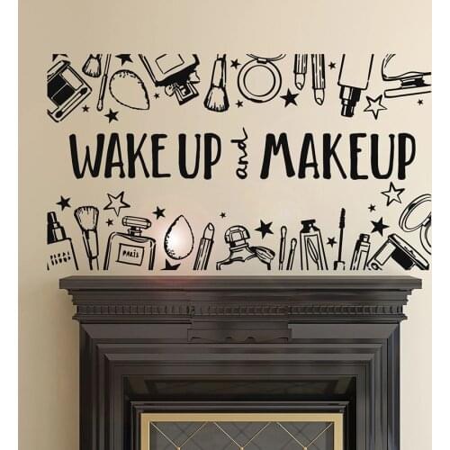Wall Decal Lettering Wake Up And Makeup Beauty Products Vinyl Wall Stickers Beauty Salon Woman Bedroom Interior Decor Mural M554