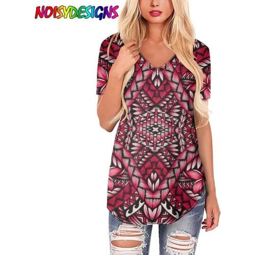 NOISYDESIGNS 2021Summer Shirt Women Polynesian Traditional Tribal Print T-shirt For Women Vintage V Neck Ladies Pullovers Female