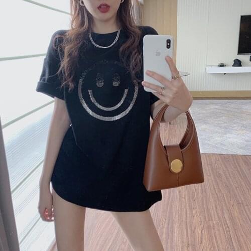 2021 News Female T-Shirt Loose Smiling Face Leisure Wear Short Sleeve Fashion Summer Diamonds Base Clothes Students Jacket