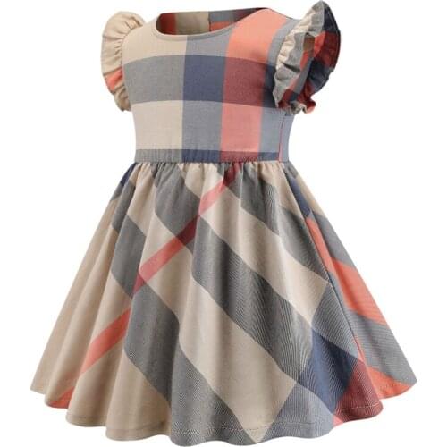 2021 Summer New Fashion Girl Dress Cotton Short-Sleeved Princess Kids Casual Arrival Plaid Childrens Wear Clothing 2-6 Year