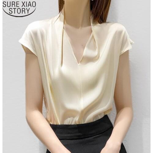 2021 Summer New Women Tops French Style Office Lady Fashion Satin Blouse Short Sleeve Silk Shirt V-neck Blusas Tops Female 15627