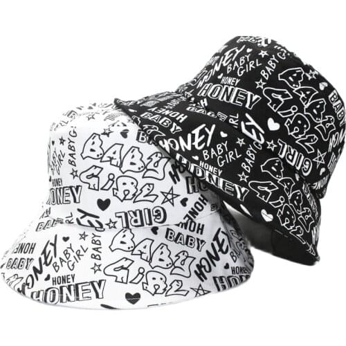 Spring Autumn Outdoor Unisex Graffiti Letter Printing Fisherman Cap Sunshade Beautiful Black White Panama Cotton Bucket Hat 117
