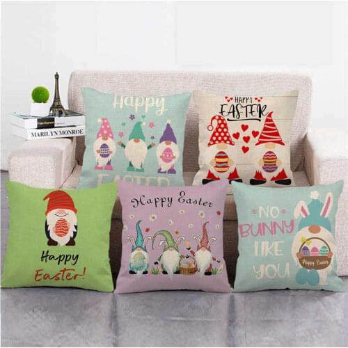 Easter Decor Happy Elf Egg Linen Cushion Cover Sofa Office Pillowcase Cushion Car Seat Cushion Cover Easter Party Home Decor