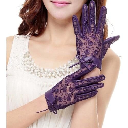 Women Fashion Leather & Lace Gloves Summer Anti-uv Genuine Sheepskin Leather Gloves Ladies Girls Elegant Driving Gloves AGD515