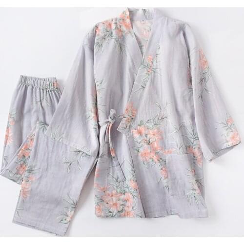 Japanese Kimono Pajamas Set Pure Cotton Fashion Women Autumn Yukata Thin Print Japan Sweat Steaming Suit Lover Clothing