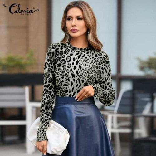 Celmia Vintage Women Leopard Print Tops 2021 Autumn Fashion O-neck Long Sleeve Blouse Elegant OL Bodycon Casual Shirts Femininas