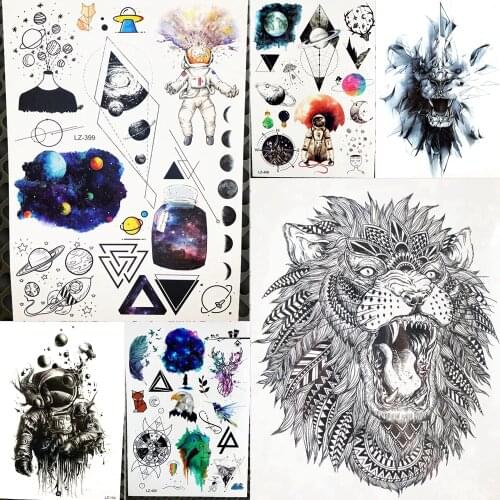 Women Tattoo Stickers Body Art Drawing Temporary Tattoo Galaxy Moon Planet Men Waterproof 3D Black Lion Fake Tattoo 3D Paste