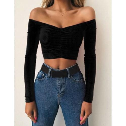 Women Autumn Sexy Bandage Off Shoulder Long Sleeve V-Neck Crop Top Ladies Casual Solid Slim T-shirt