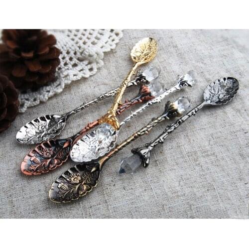 1pc Vintage Coffee Spoon Carved Flower Teaspoon Crystal Milk Spoon Ice-Cream Sugar Cake Spoon Kitchen Accessory