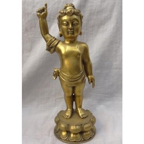 11" Chinese Pure Brass Tibet Lotus Shakyamuni Buddha Kid Up Sky Bronze Statue statues garden decoration