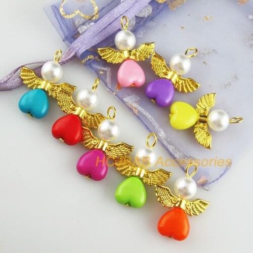 16 New Angel Charms Gold Color Mixed Solid Acrylic Heart Pendants 21.5x27mm