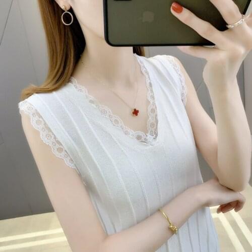20086 (5 rooms, 8 rows, No.7 Middle) real shot V-neck lace splicing set solid color ice vest 20