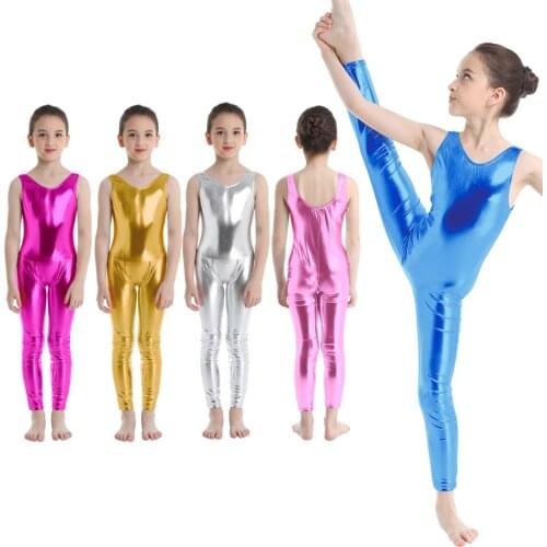 Kids Girls Sleeveless Dance Ballet Gymnastics Unitard Spandex Bodysuit Children Dancewear Shiny Skinny Ballet Leotards Jumpsuits