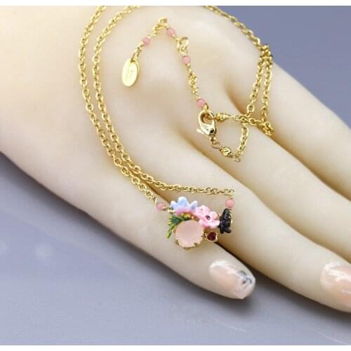 European and American Fashion Trend Monets Garden Series Enamel Glaze Blue Flower Butterfly Pink Necklace Clavicle Chain Female