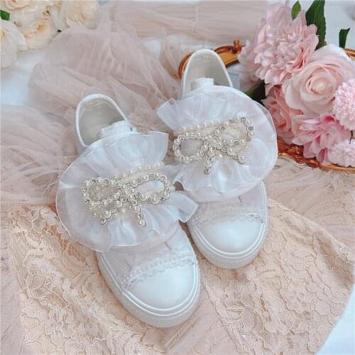 Lace flat shoes sweet bow diamond pearl Velcro Japanese