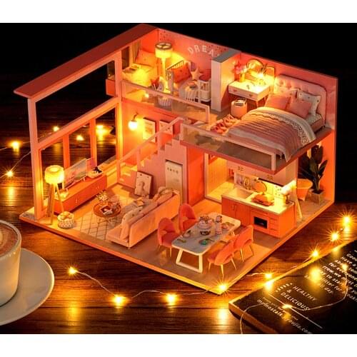 Miniature Villa Dollhouse Model Kit w/ Furniture Decor Christmas Crafts Toys Small Family Dolls Beds Home Minatures Model