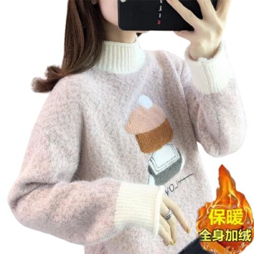 Fashion Plus Velvet Warm Chenille Half High Neck Womens Sweater New Loose Mink Velvet Winter Stitching Pullover Pull Femme Pull