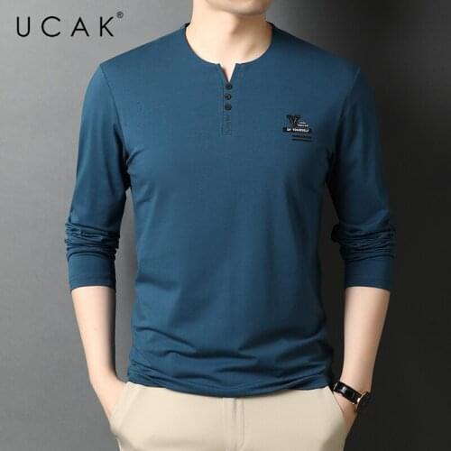 UCAK Brand Classic O-Neck Butoon Solid Color T Shirt Men Clothes Autumn New Casual Streetwear Long Sleeve T-Shirts Homme U5741