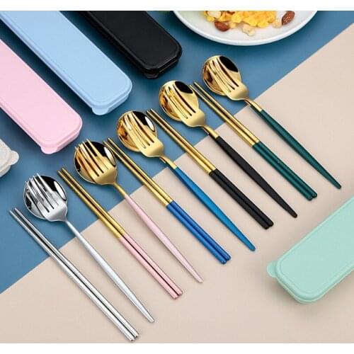 Students Stainless Steel Chopsticks Spoon Set Korean Portable Tableware Storage Box Chopsticks Spoon Fork 3 Piece Set