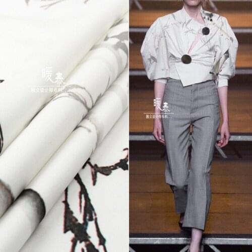 Printed Air Layer Fabric Bamboo In Ink Painting Micro Elastic DIY Patches SILHOUETTE Coat Cheongsam skirt Dress Designer Fabric