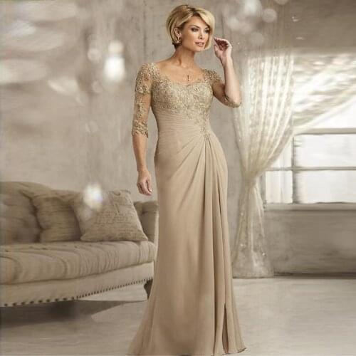 2020 New Elegant Champagne Chiffon V Neck Mother of the Bride Dresses With Three Quarter Sleeves Wedding Party Gowns Lace