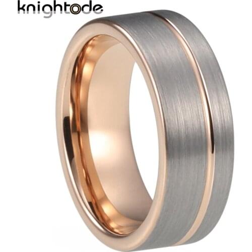 8mm Rose Gold Offset Grooved Wedding Band Men Women Tungsten Carbide Engagement Rings Flat Brushed Comfort Fit