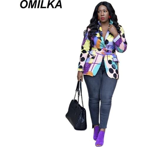 OMILKA Colorful Blazer with Belt 2019 Autumn Winter Women Long Sleeve Notched Geometrical Printed Office Lady Blazer Outwear